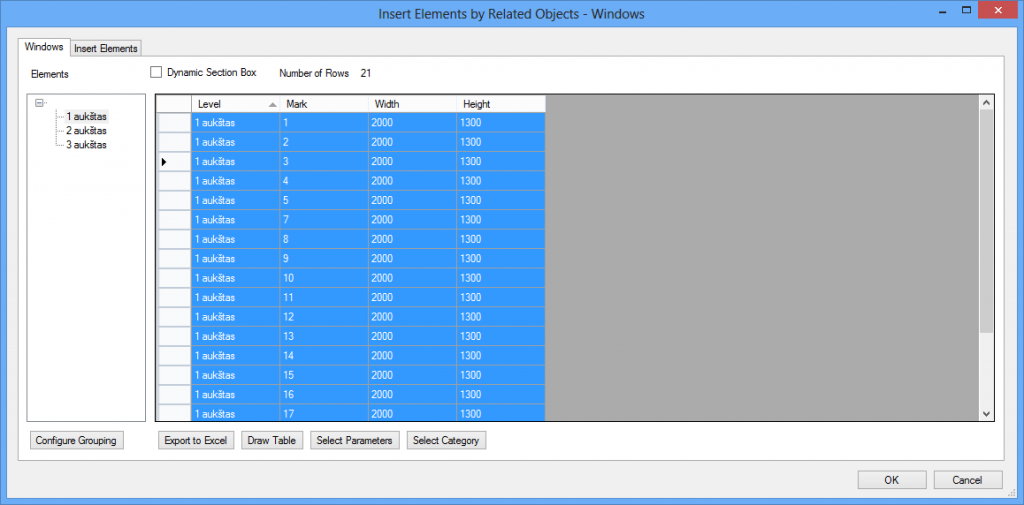 Inser Elements by related Objects Dialog window