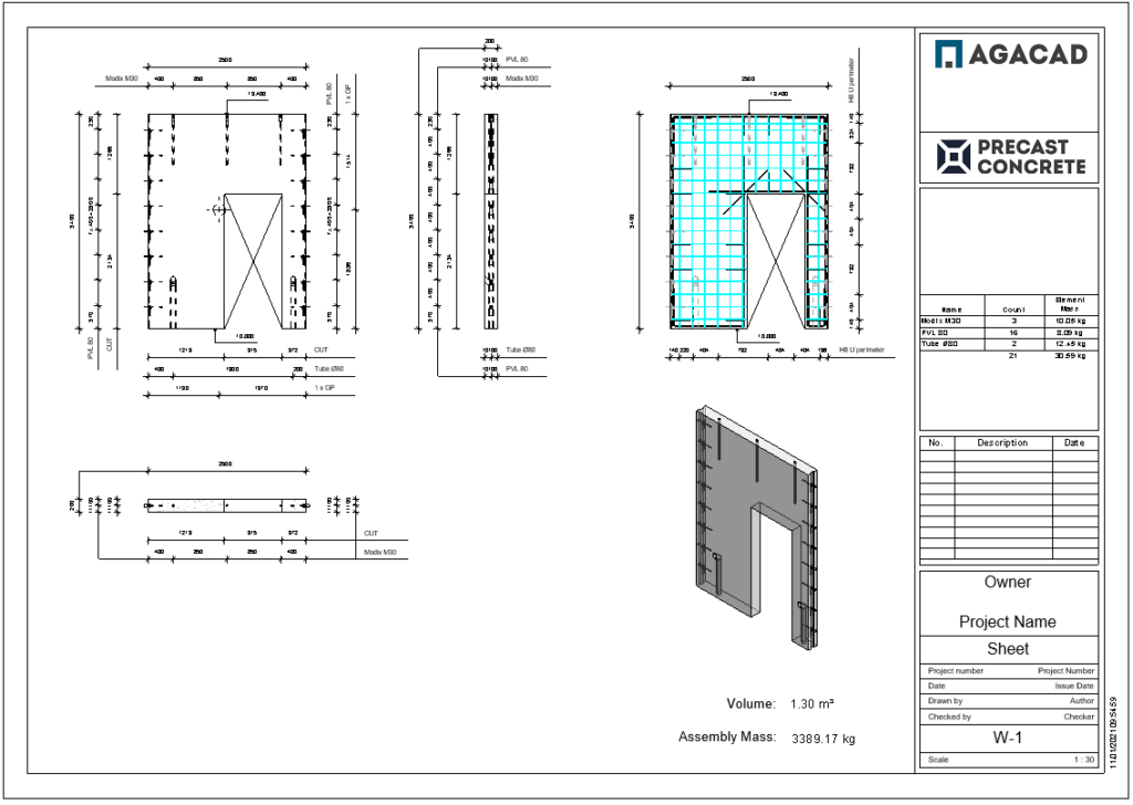 Shop ticket generated using AGACAD's Precast Concrete design software for Autodesk Revit