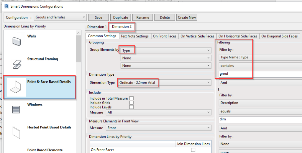 Filter and dimension style for grout elements in Revit