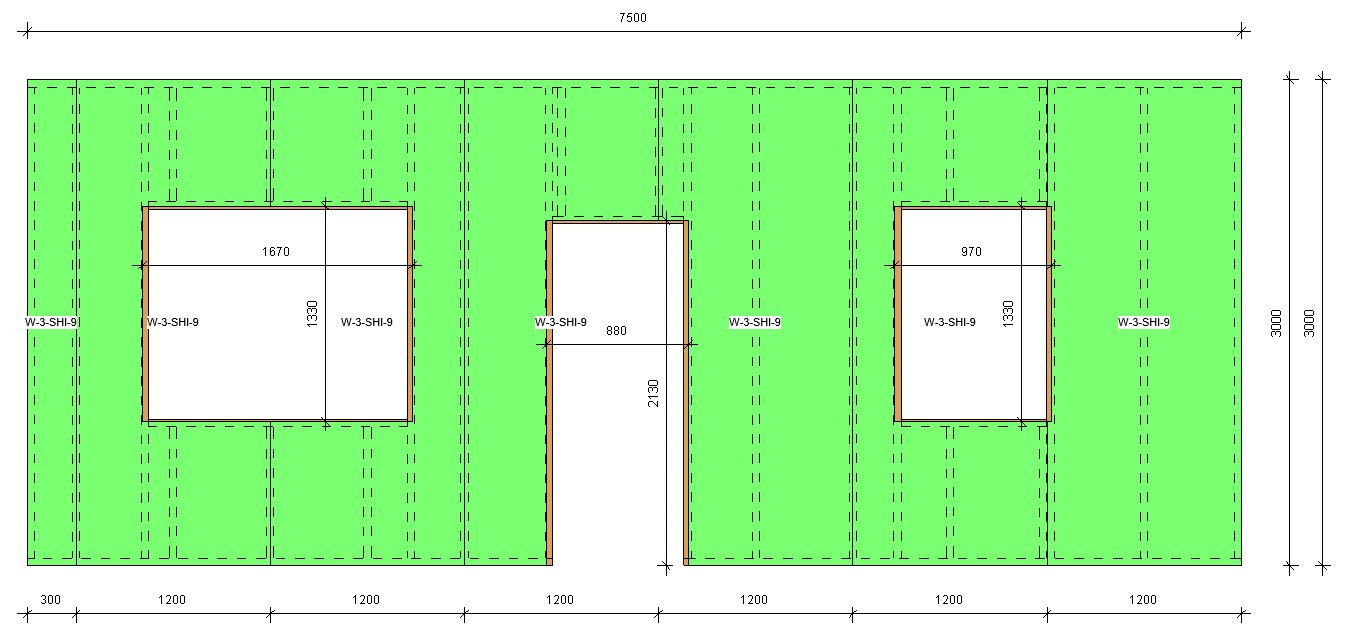 Window openings with dimensions in a wooden frame in Revit