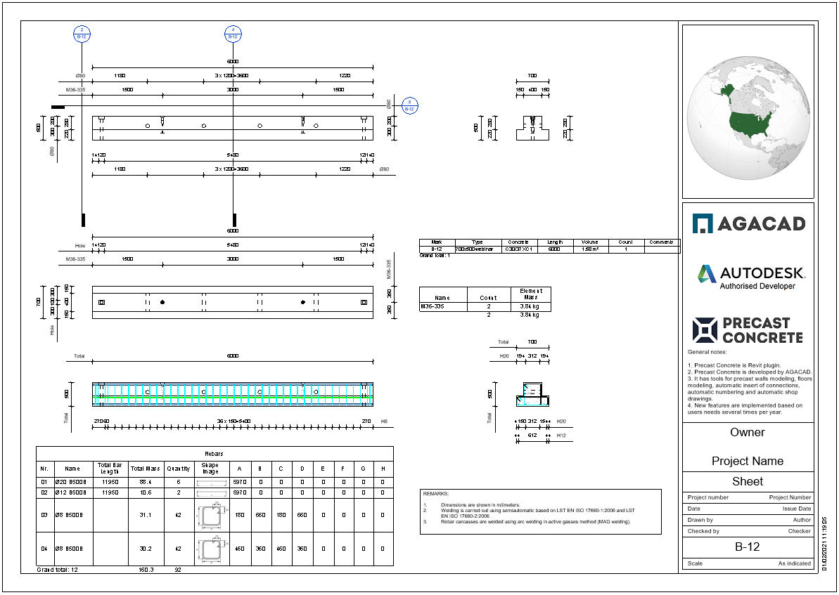 Shop drawing of precast concrete inverted tee beam