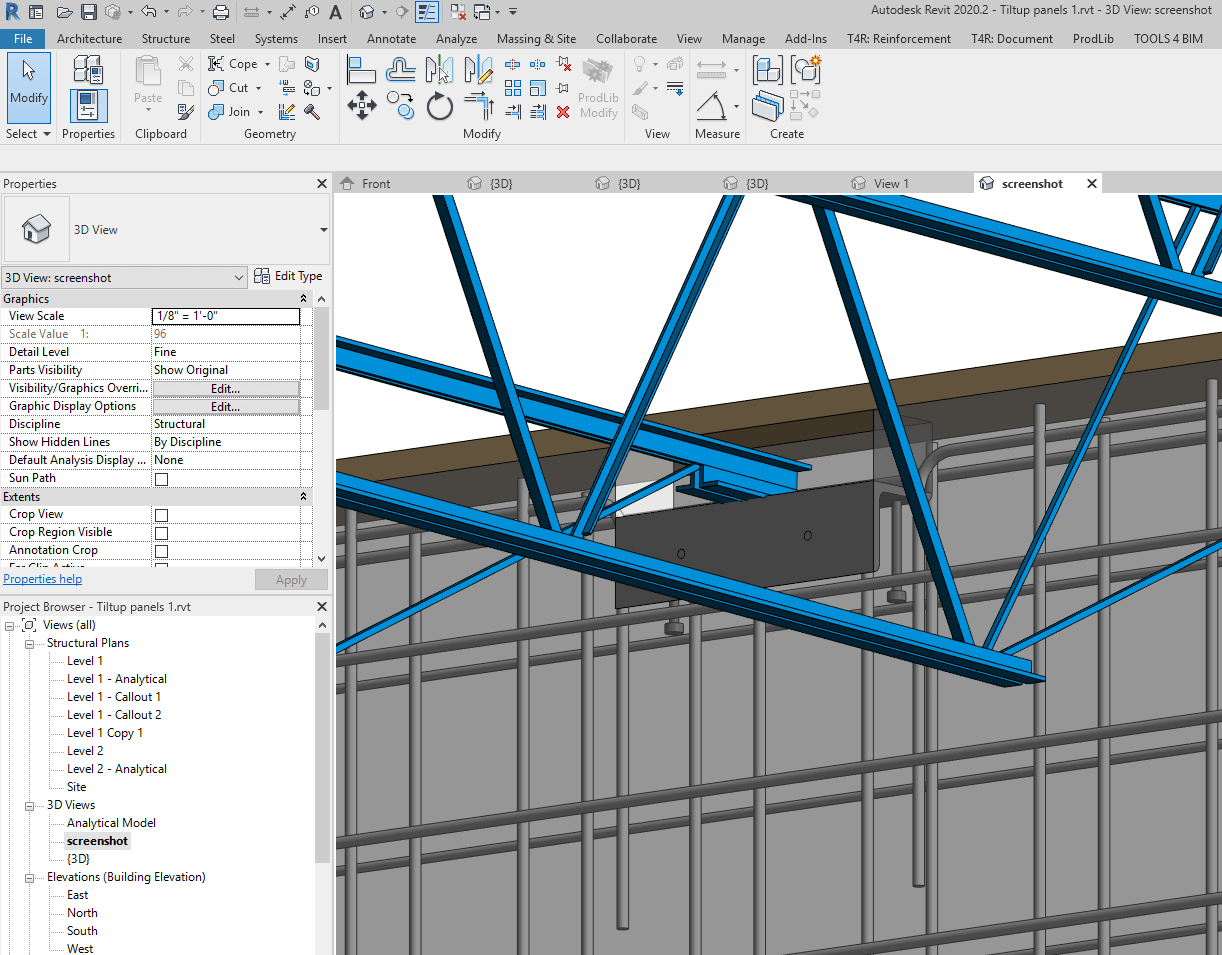 Roof joist supported on tilt-up wall panel modeled in Revit