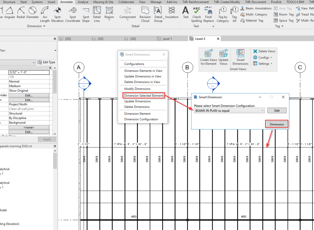 Automatically dimension selected joist elements in plan view in Revit using AGACAD Smart Dimensions