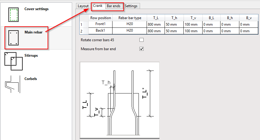Crank and bend rebar settings for column reinforcement