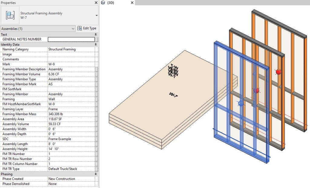 3 timber frames nearly stacked and labeled in Revit