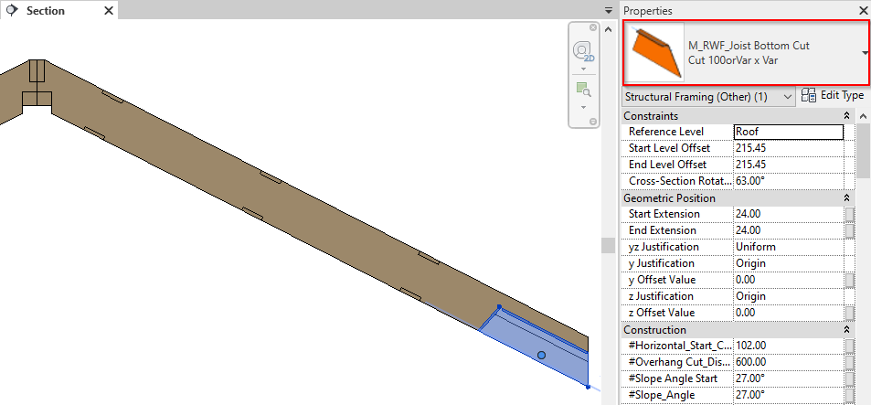 Cut applied to bottom end of roof joist in Revit