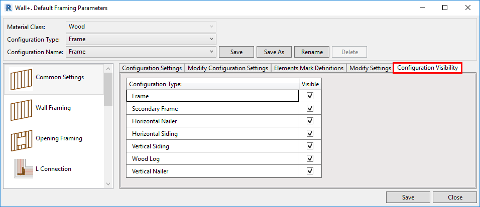 Toggle visibility of configuration types in Revit