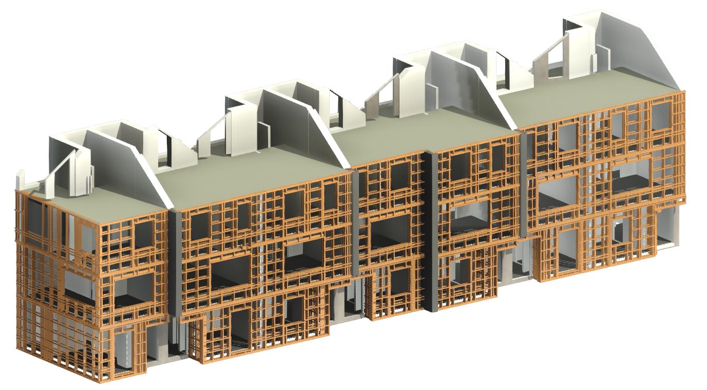 Framed walls of an apartment building modeled in Revit