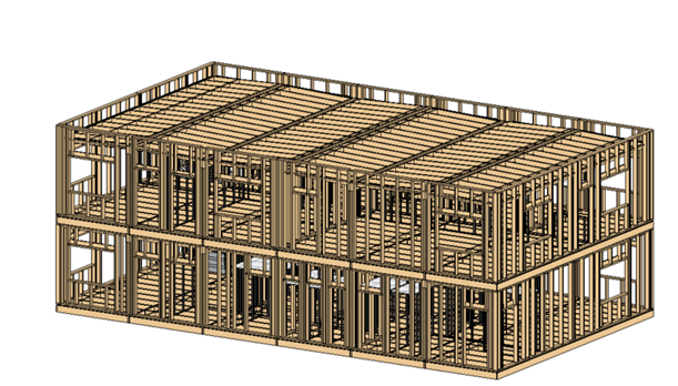 3D model of a wood framed building
