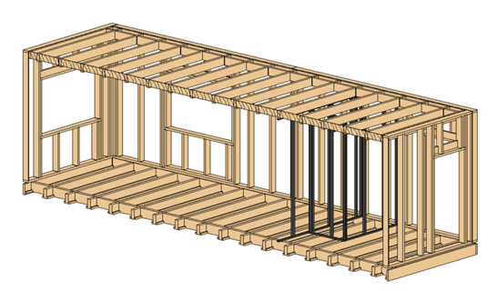 3D model of a wood framed building module