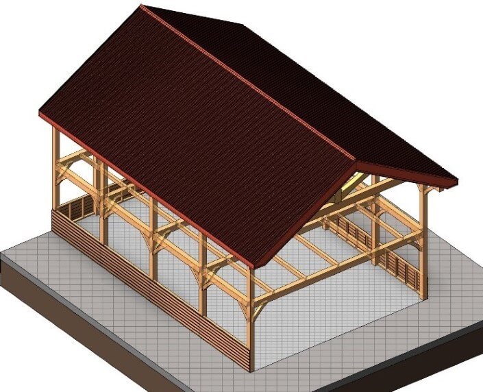 Heavy timber framed structure with roofing