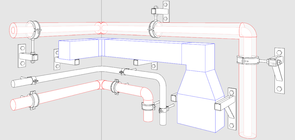 3D sketches of pipes and ducts supported on vertical walls
