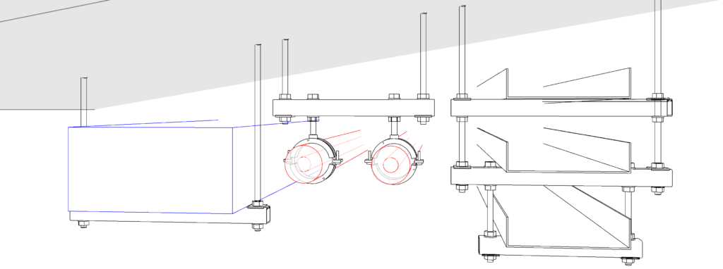 3D sketch of duct, pipes, trays, and hangers