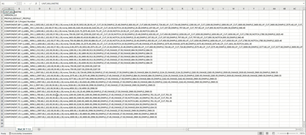 technical data in a spreadsheet