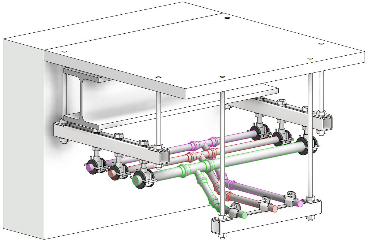 Multiple pipes and hangers at different levels