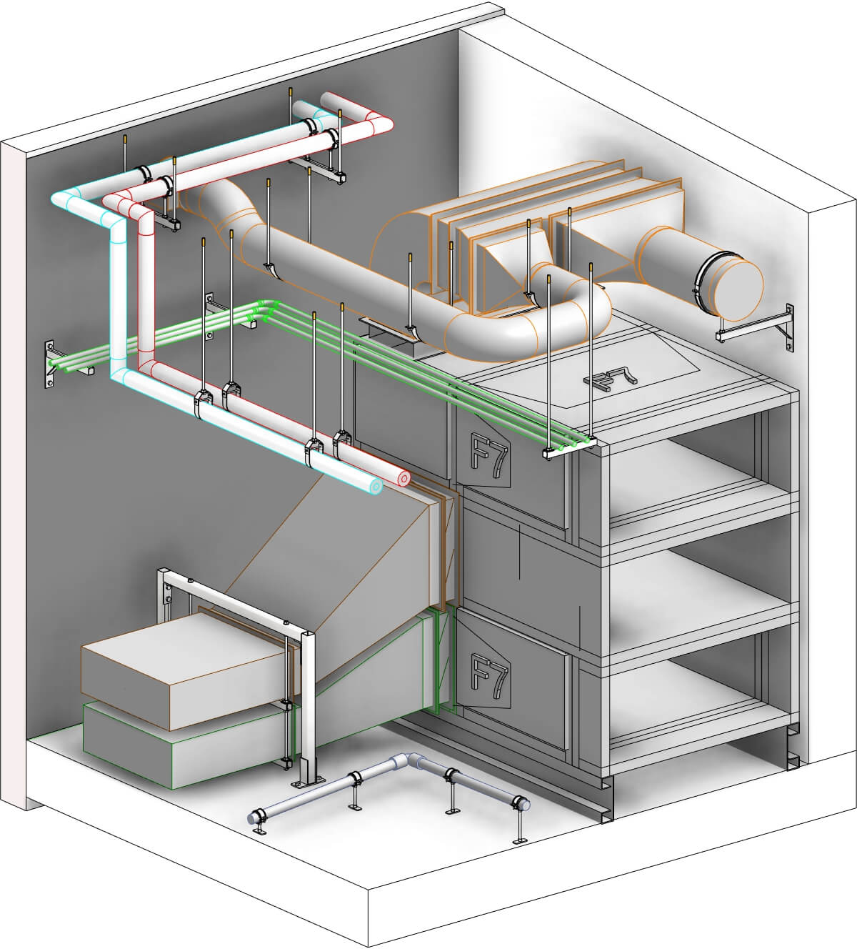 Lots of pipes and ducts hung and supported in Revit