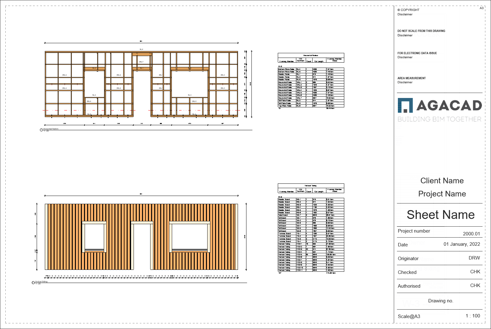 technical drawings of framed wall panel