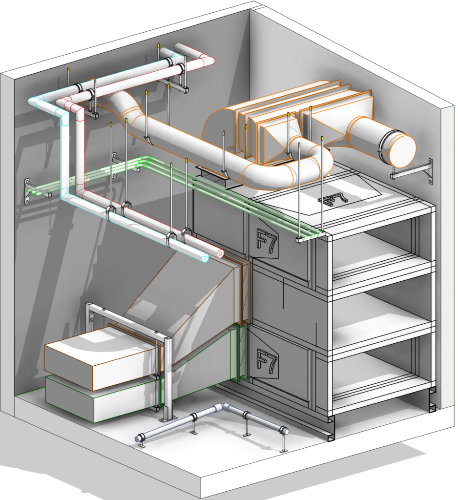 3D model of pipes and ducts with hangers and supports