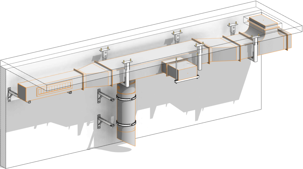 3D model of ducts attached to a wall and ceiling
