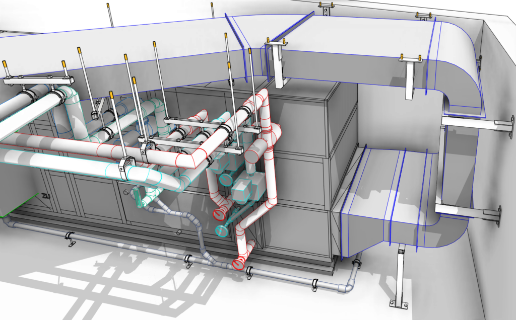 Ductwork and pipes in a 3D model